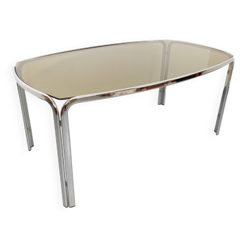 Vintage curved rectangular dining table in smoked glass and chrome metal