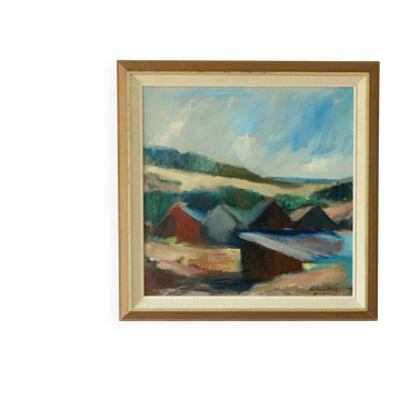 Oil on Swedish canvas "Landscape with Buildings", Valdemar Öberg