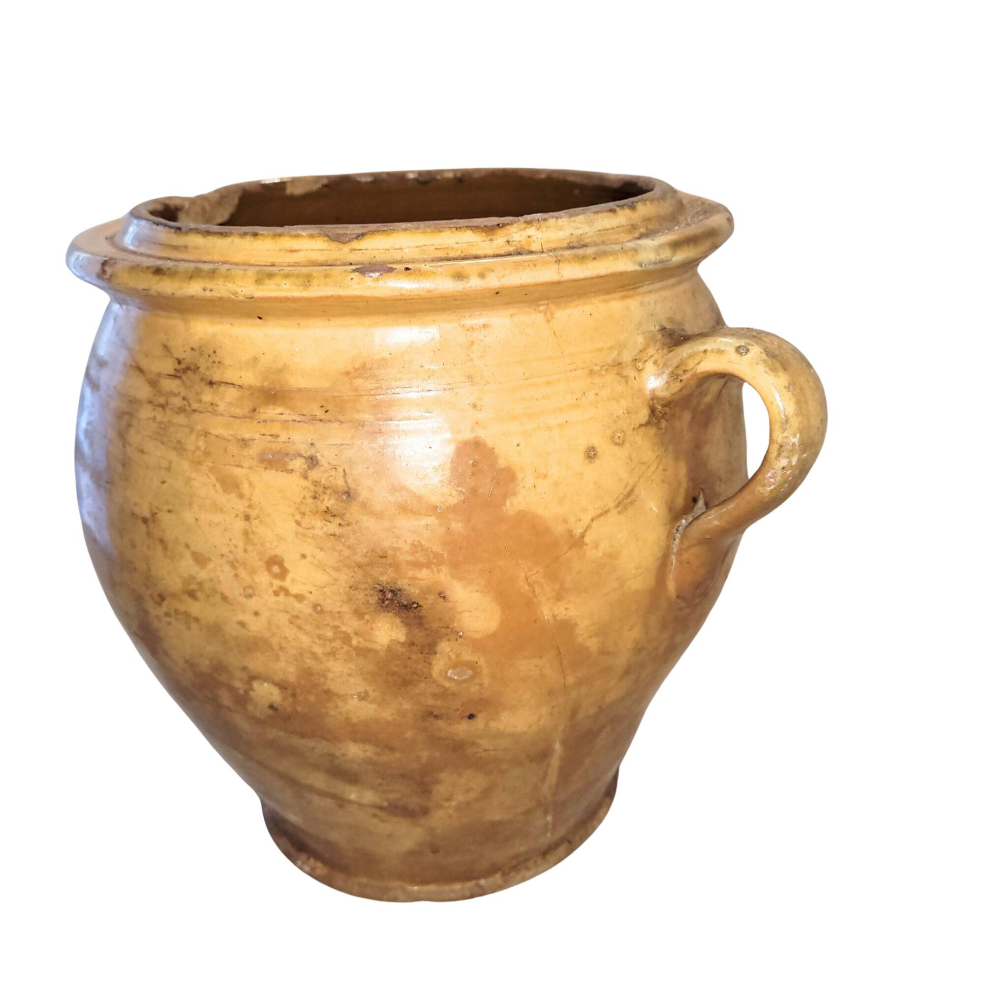 Antique yellow enamelled jam pot – 19th century terracotta – South of France