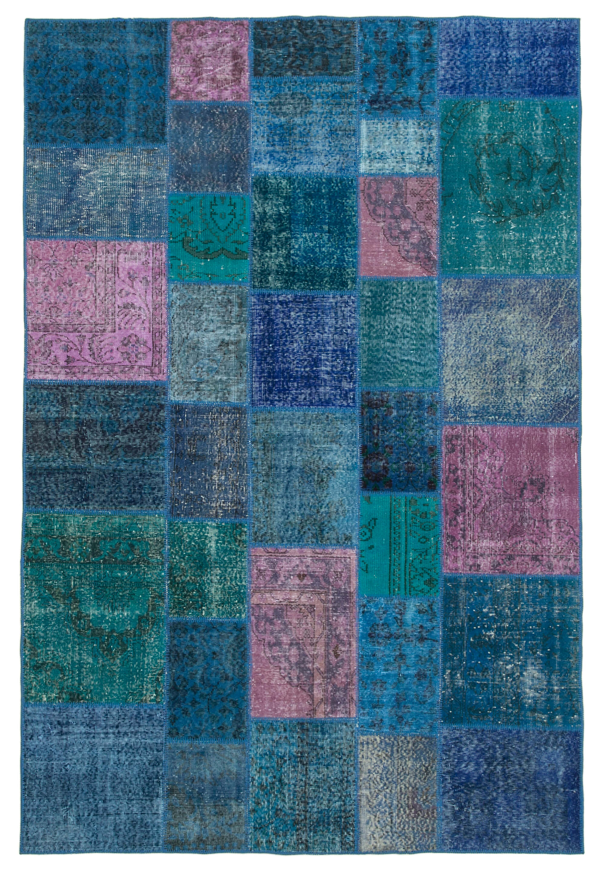 Handwoven oriental overdyed 203 cm x 300 cm blue patchwork carpet