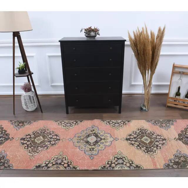 Vintage Turkish Oushak Handmade Wool Cotton Orange Runner Rug 92x378