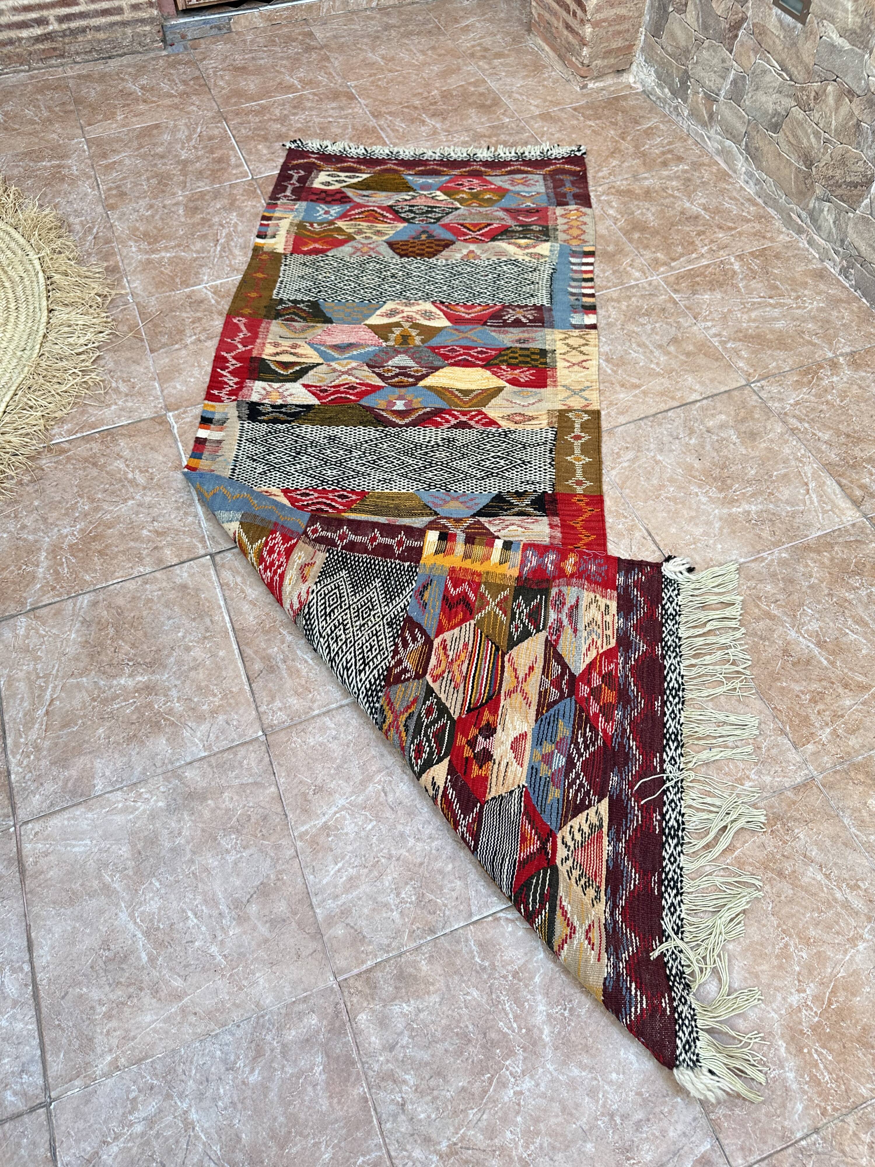 Contemporary Kilim hallway runner: abstract Berber flatweave, wool