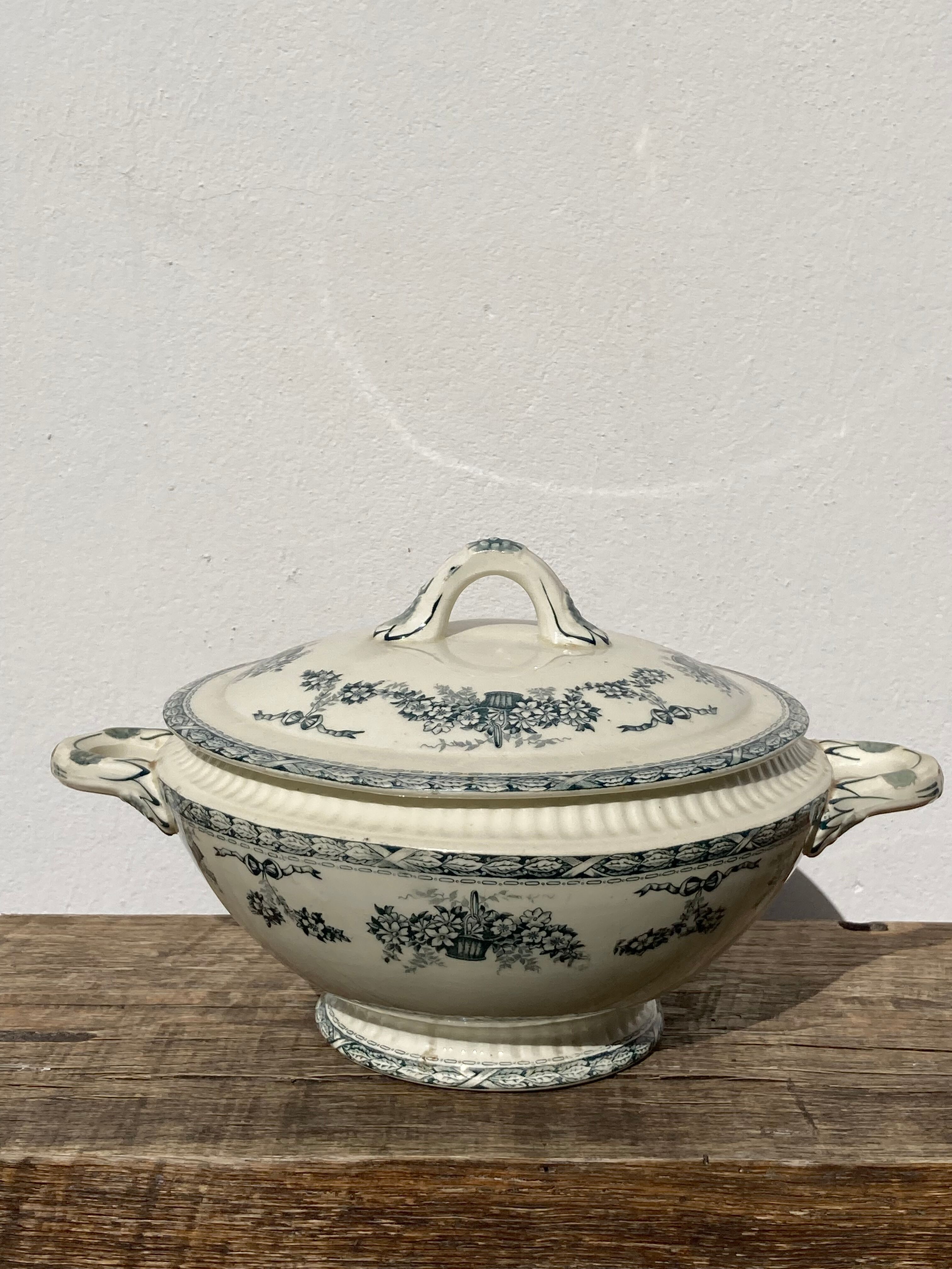 Old iron earth tureen Ninon Salins blue, ceramic and earthenware plate