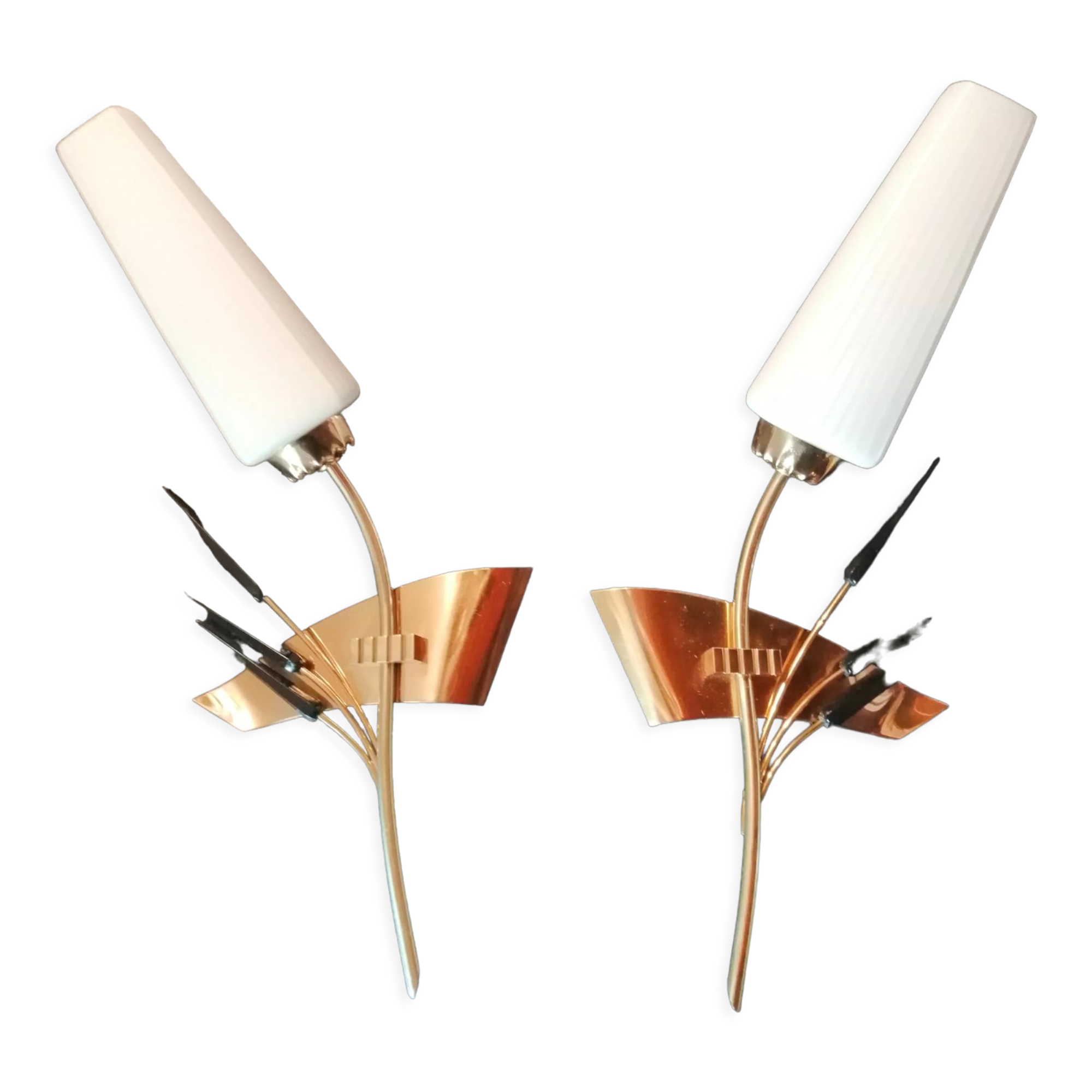 Pair of vintage brass and white glass sconces 1950-60