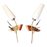Pair of vintage brass and white glass sconces 1950-60