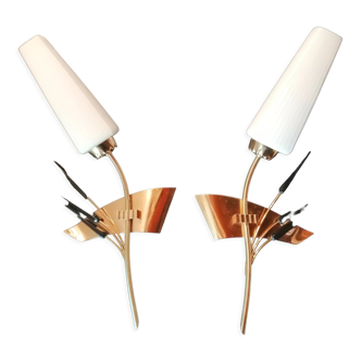 Pair of vintage brass and white glass sconces 1950-60