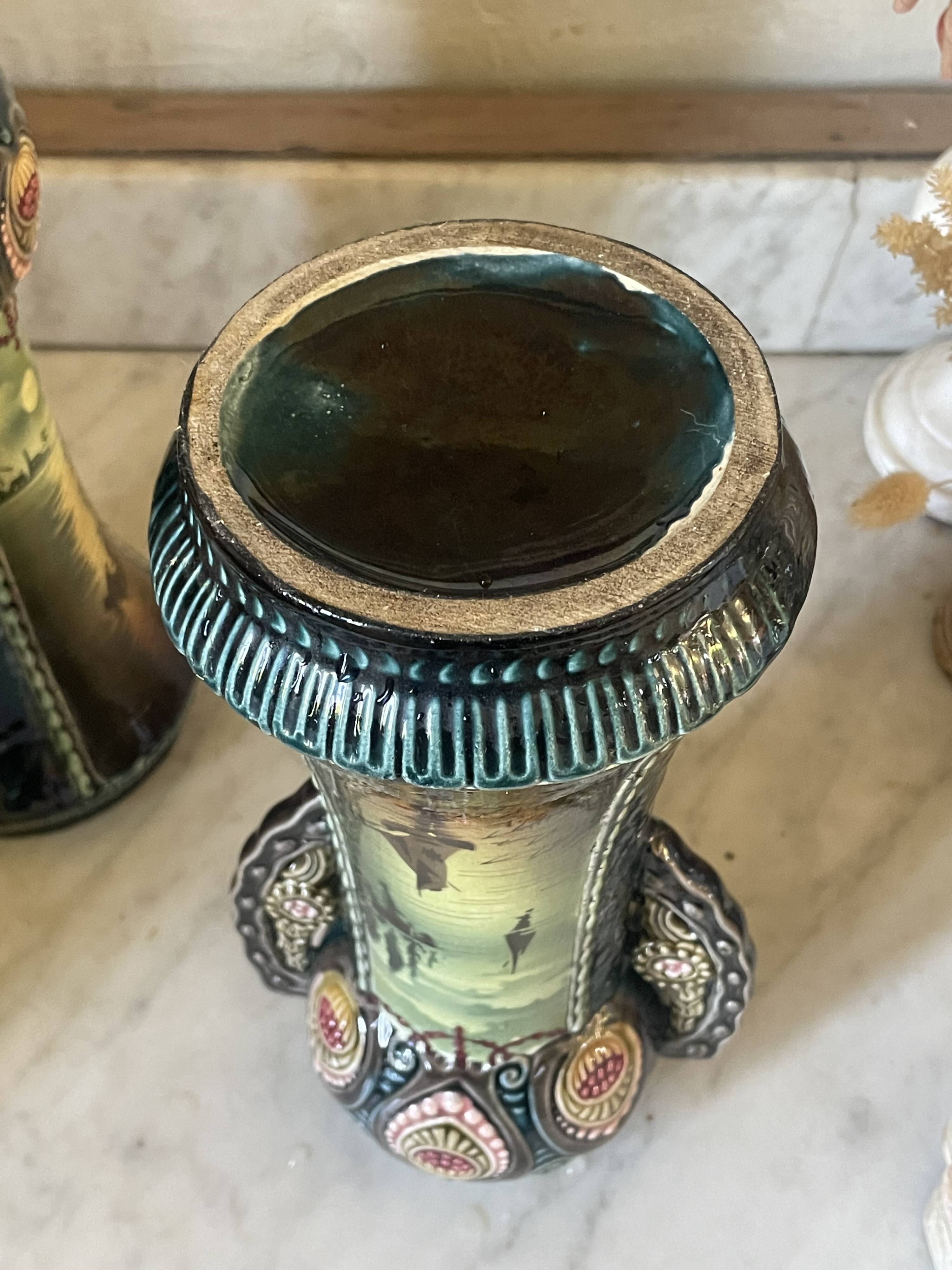Pair of Art Nouveau slipware vases, hand-painted decoration.