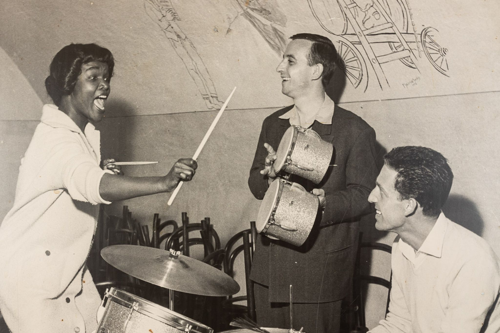 Jazz Band, 1940s b/w images on heavy wooden panels, 85 x 99 cm