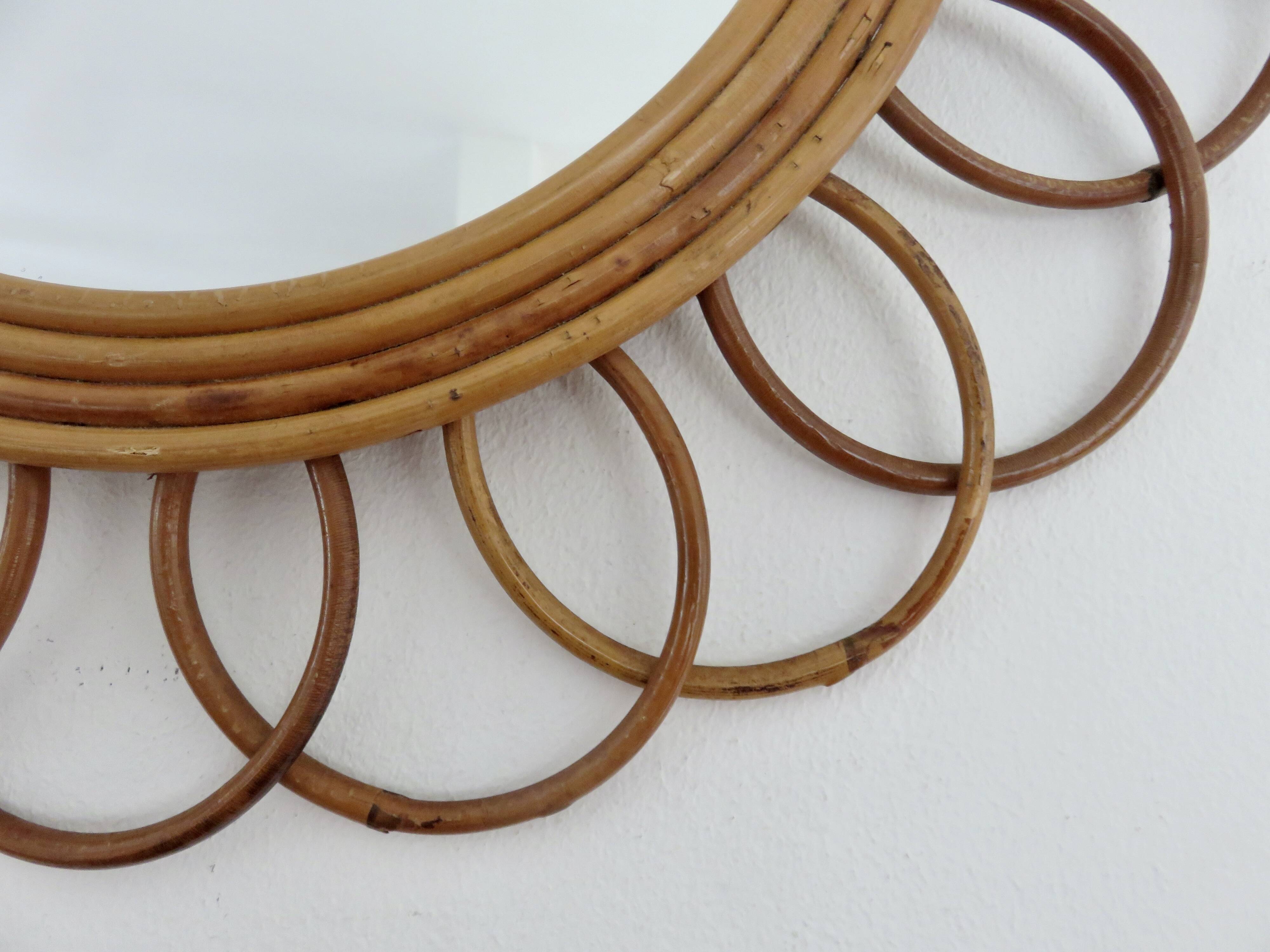 Authentic "flower" mirror in rattan and bamboo, 1960s 70s.
