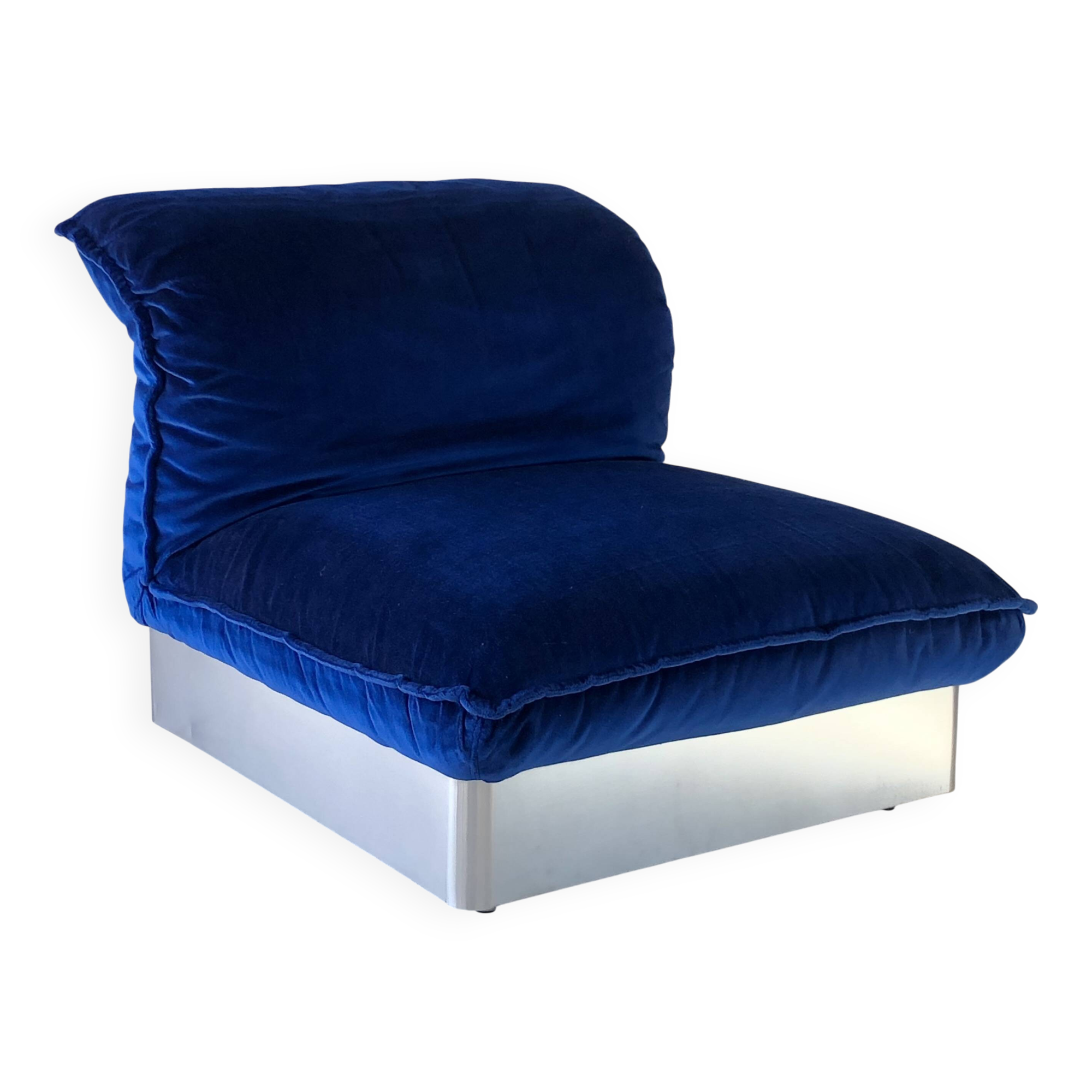Stainless steel and royal blue velvet armchair, France, 1970s