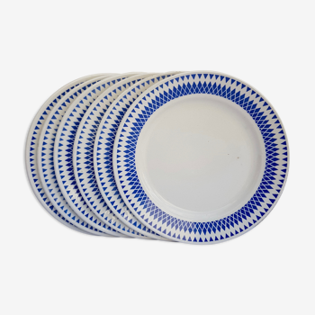Ensemble de 6 assiettes plates Badonviller décor géométrique bleu sur fond crème