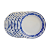 Ensemble de 6 assiettes plates Badonviller décor géométrique bleu sur fond crème