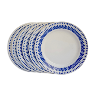 Badonviller set of 6 flat plates blue geometric decoration on cream background