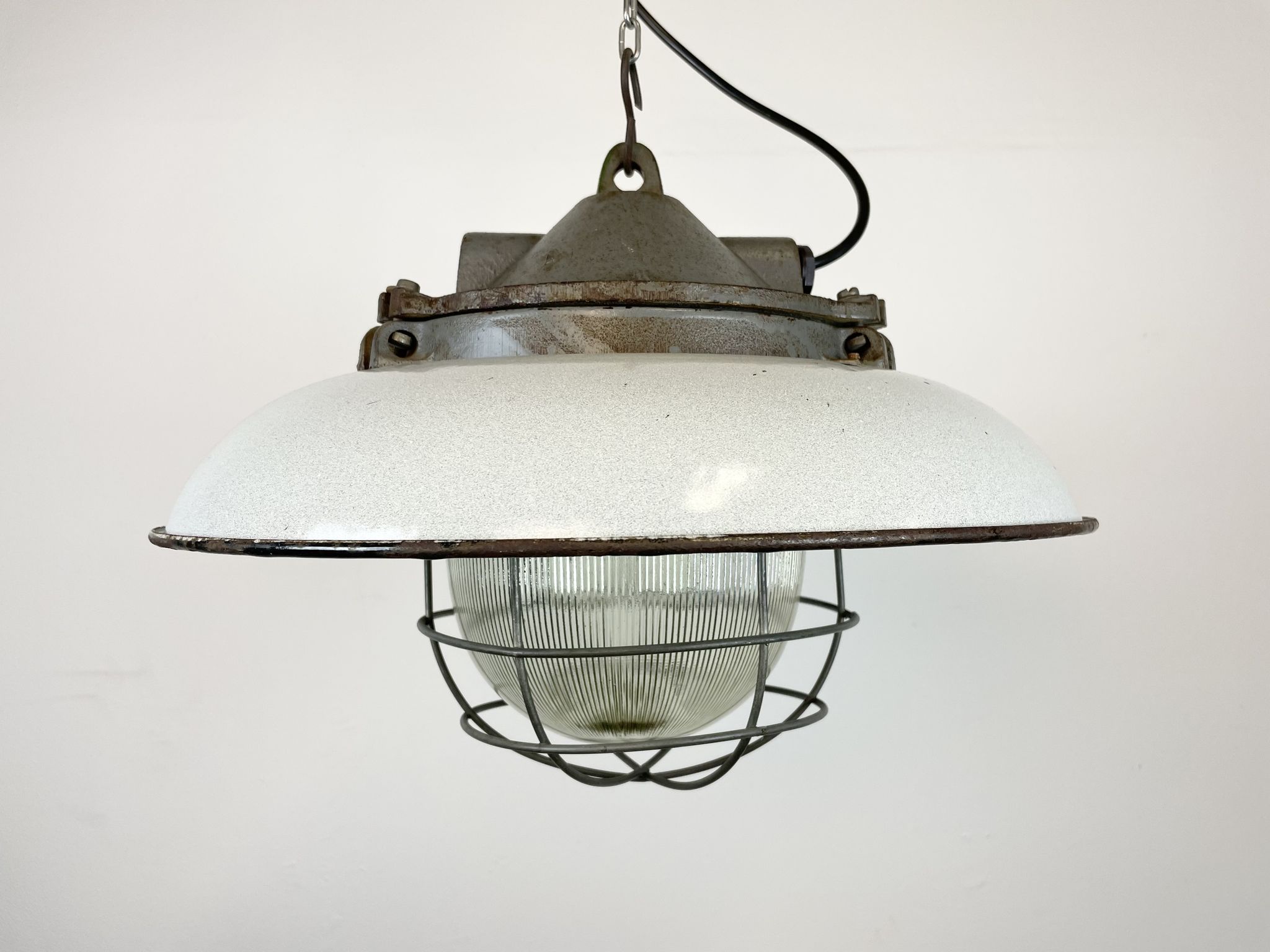 Industrial Grey Enamel Factory Cage Pendant Lamp in Cast Iron from Zaos, 1960s