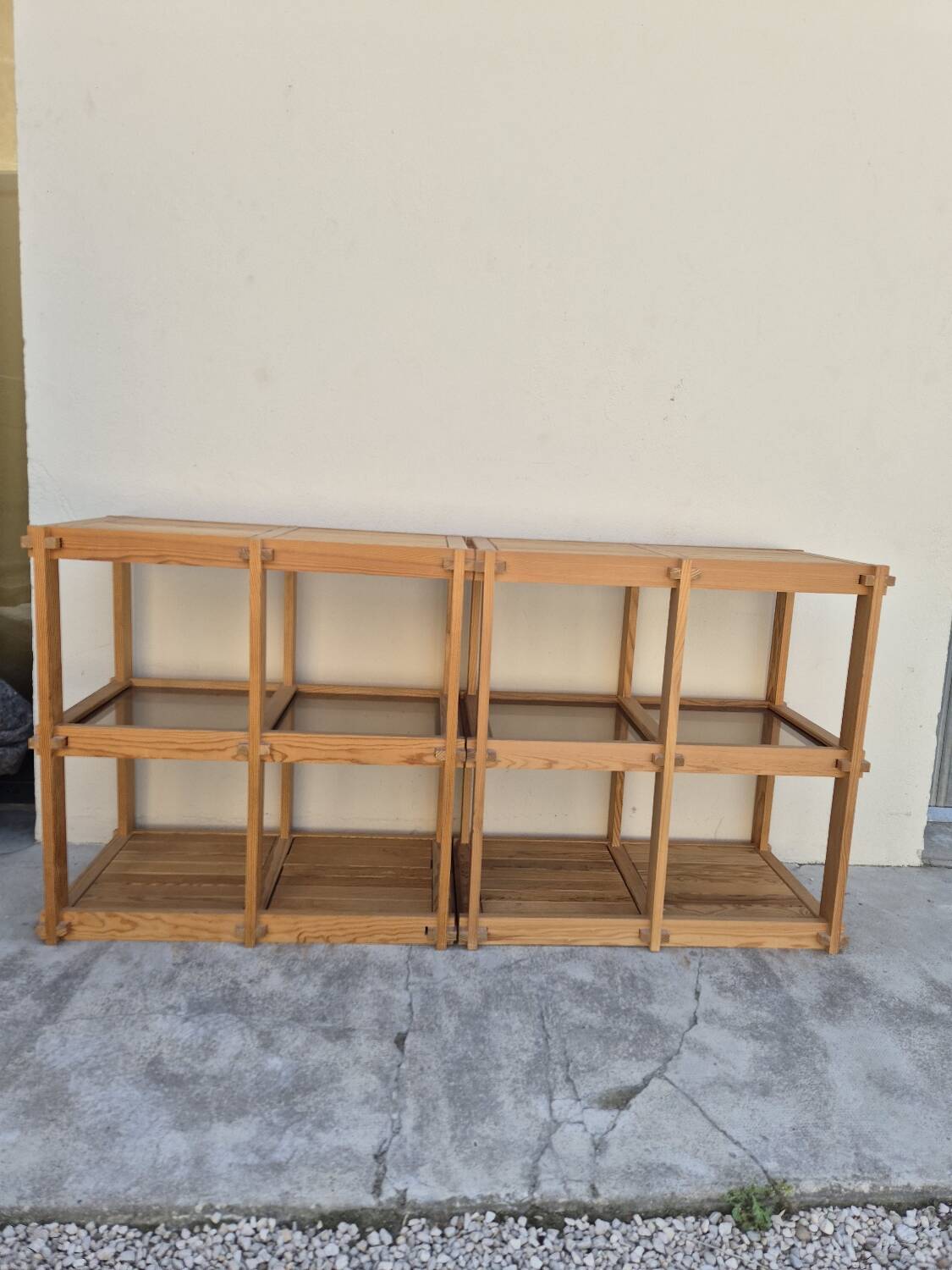 Pair of vintage pine bookshelf units in Maison Regain design from the 1970s.