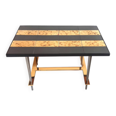 Table basse carreaux céramique et feuille d'or hauteur 36 cm années 50