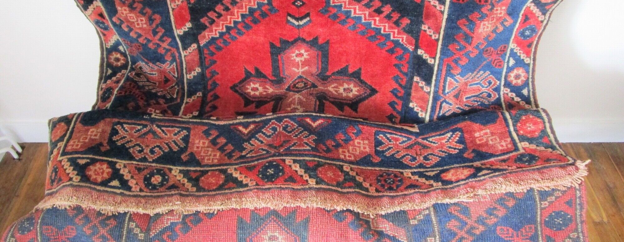 Carpet point knotted velvet wool blue red white 124 cm x 202 cm vintage