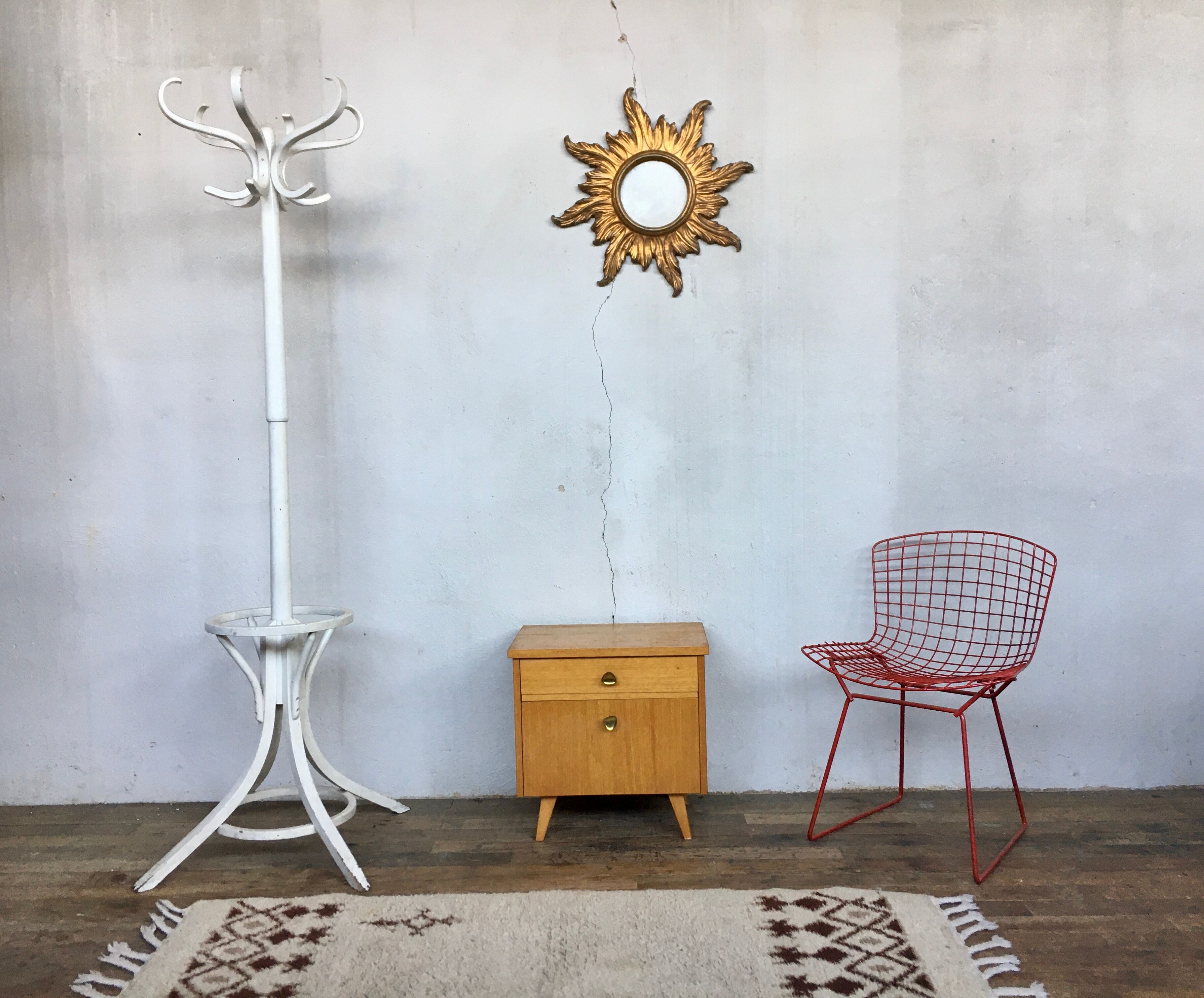 Old vintage bedside nightstand in oak, compass feet