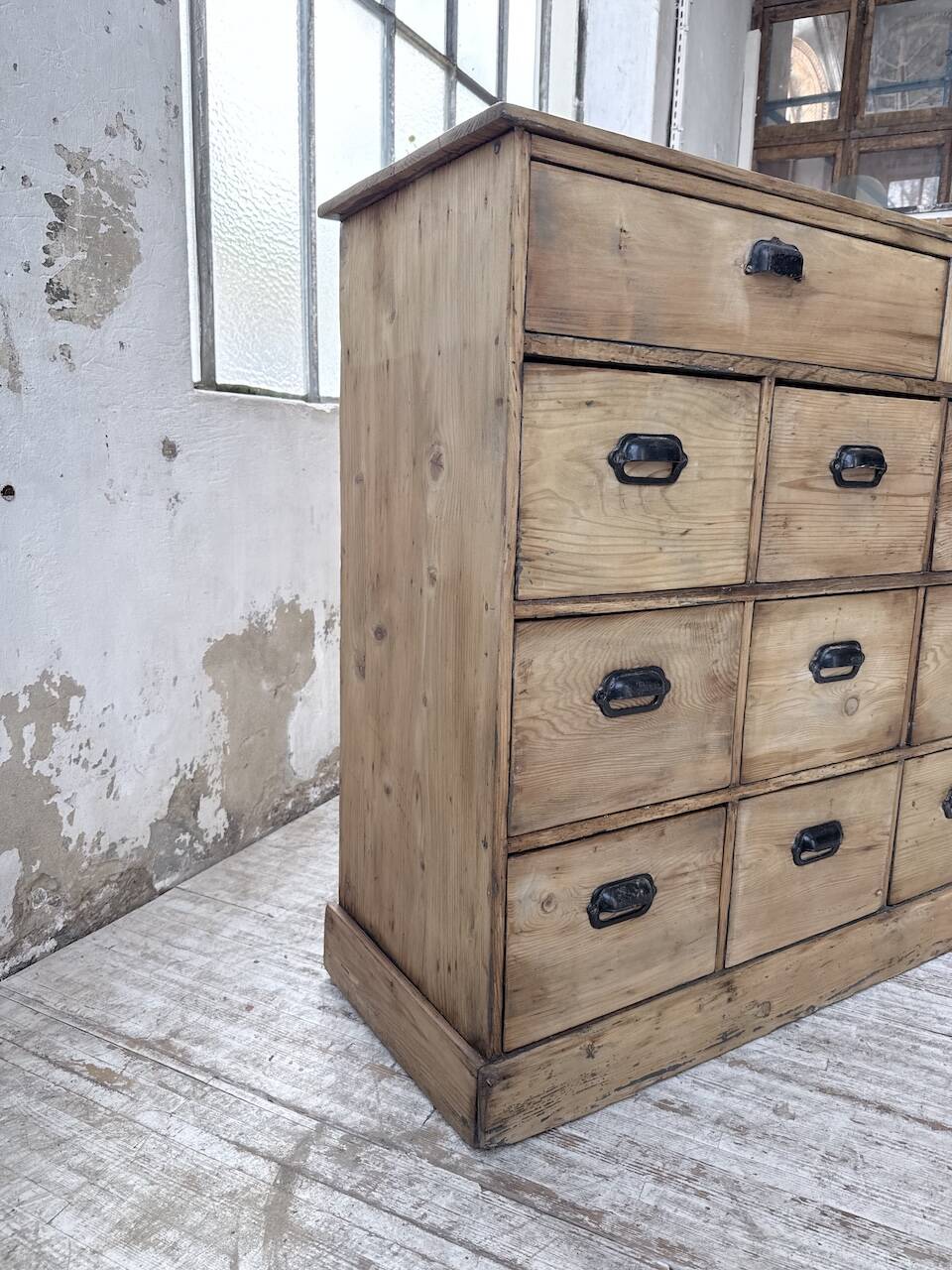 1950s pine workshop cabinet with drawers
