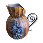 Old Jug J. PERARD Wooden Barrel + Vine Decor + Metal Handle Vintage