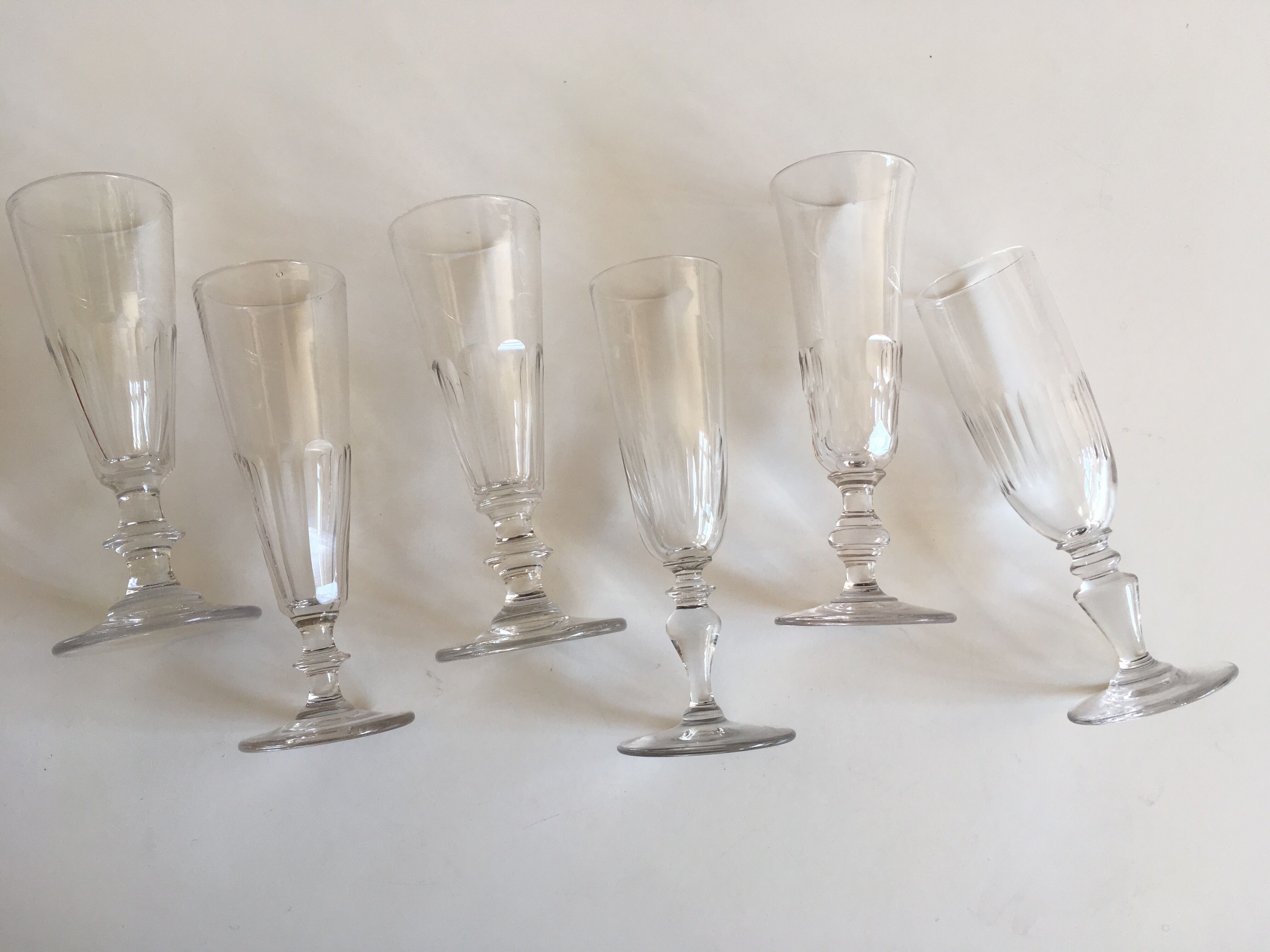 Set of 6 assorted champagne flutes late 19th century cut with cut-offs