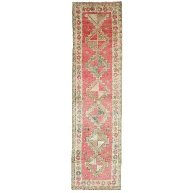Vintage Turkish Hand-Knotted Wool Cotton Pink Runner Rug 92x364