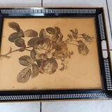 Large antique tray. Black openwork metal gallery and flower lithograph.