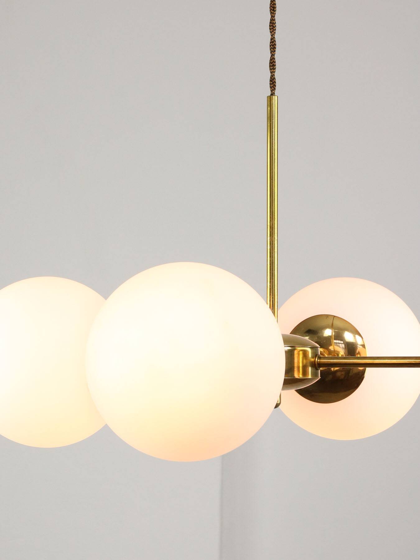 Italian Mid Century Golden Sputnik Chandelier with Opaline Shades, 1960s