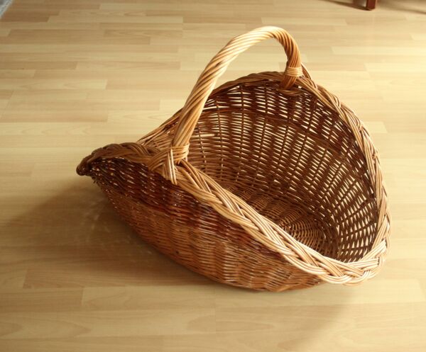 Grand panier à bois de cheminée tressé en osier massif fait main, vintage des années 80