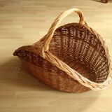 Large handmade solid wicker braided firewood basket, vintage from the 80s