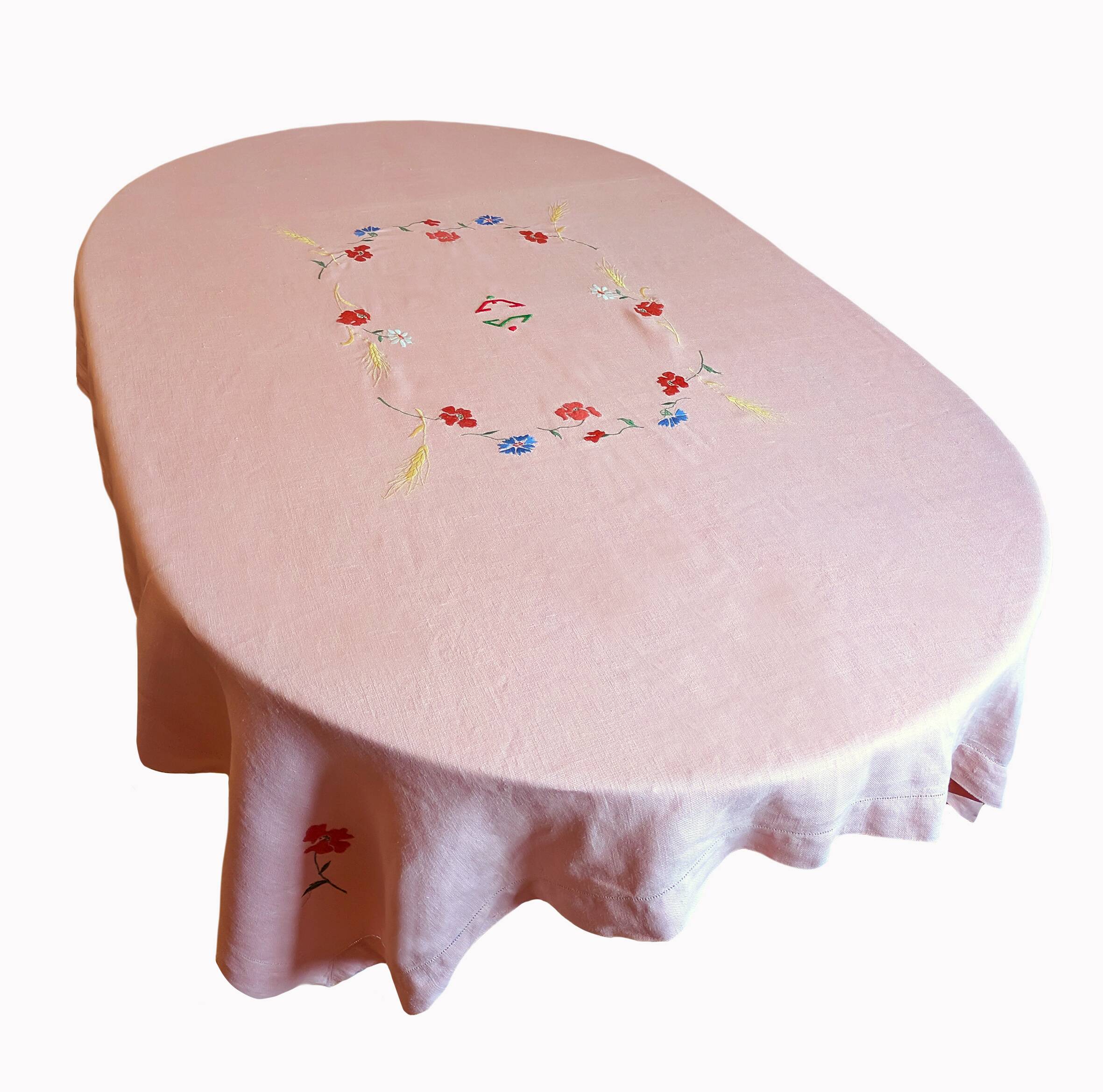 Antique hand-embroidered pink linen tablecloth, 170x130 cm – Unique piece