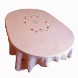 Antique hand-embroidered pink linen tablecloth, 170x130 cm – Unique piece