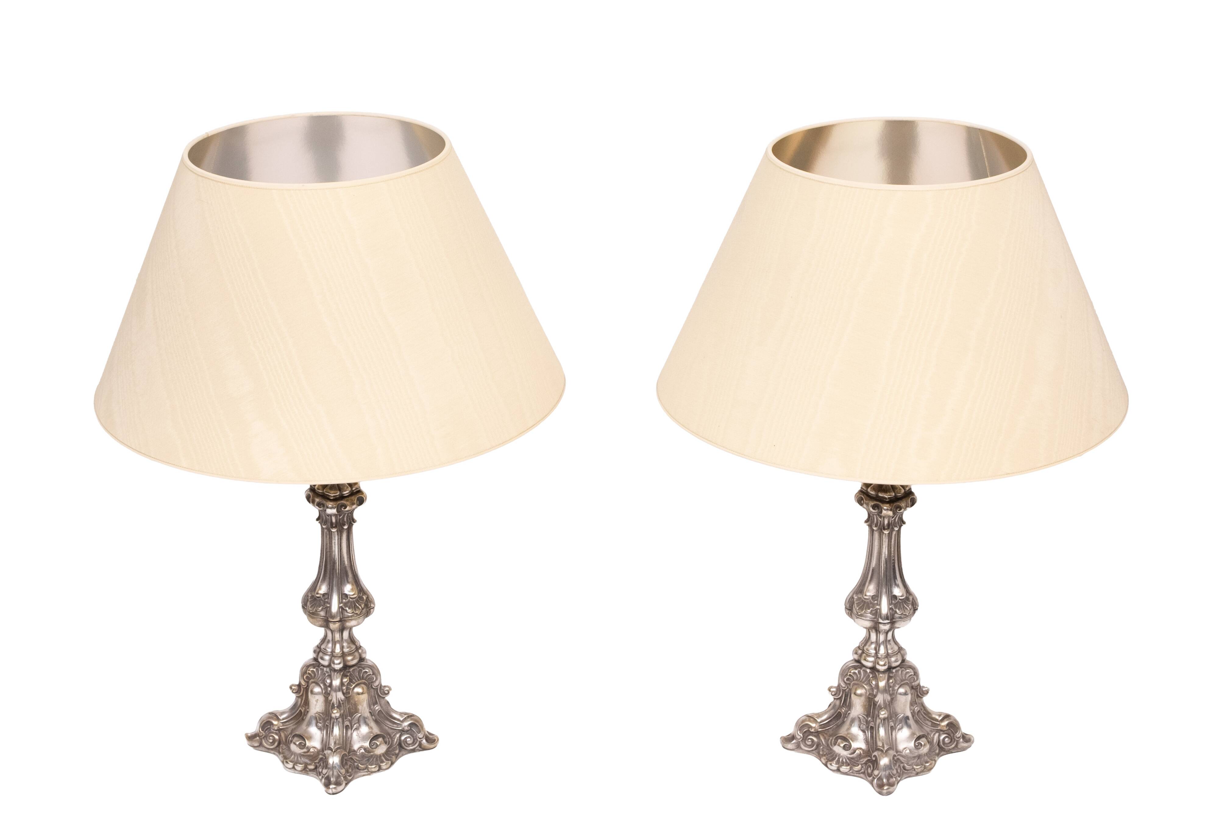 Stunning set of Rococo Silver Plated table lamps 1920s