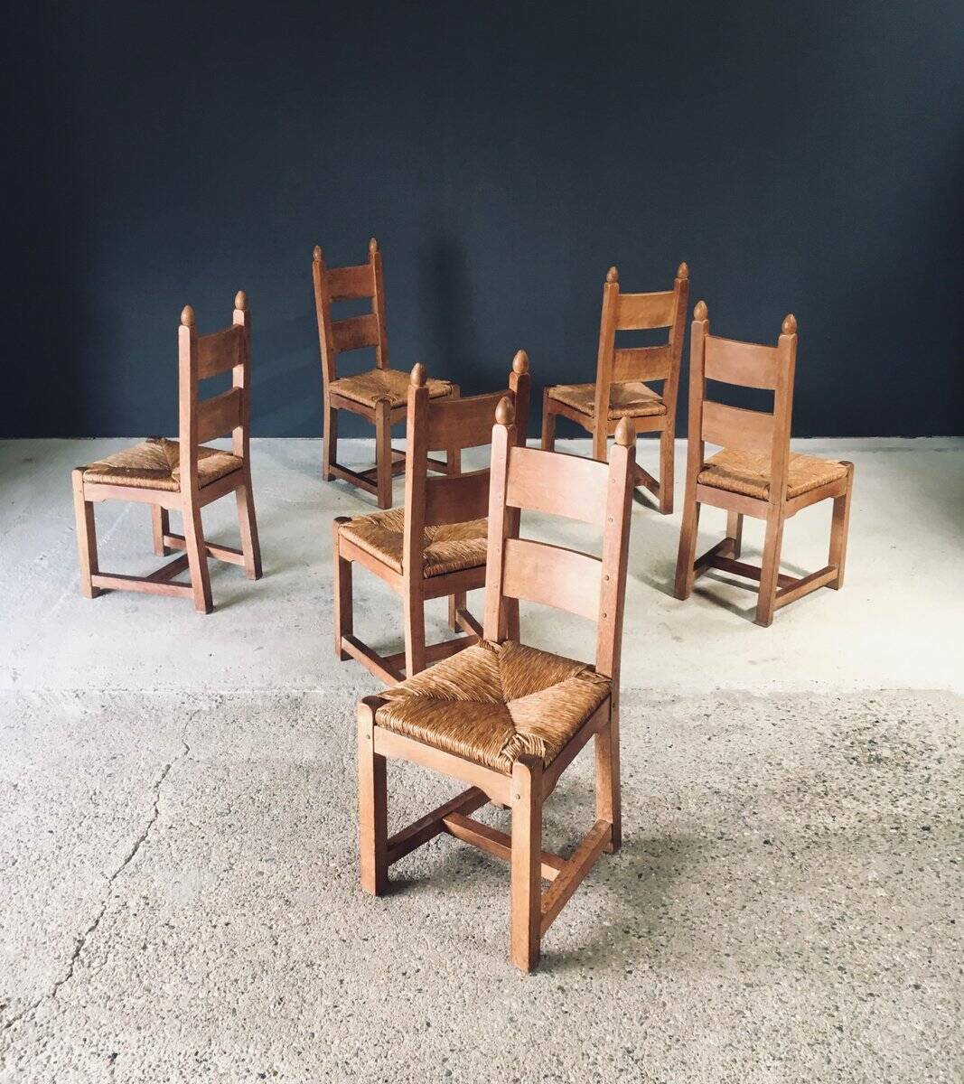 Handcrafted Oak and Rush Dining Chairs, Belgium, 1960s, Set of 6