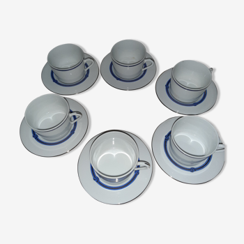 6 Christofle Rubanea blue porcelain tea cups