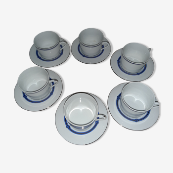 6 tasses à thé porcelaine Christofle Rubanea bleu