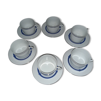 6 tasses à thé porcelaine Christofle Rubanea bleu