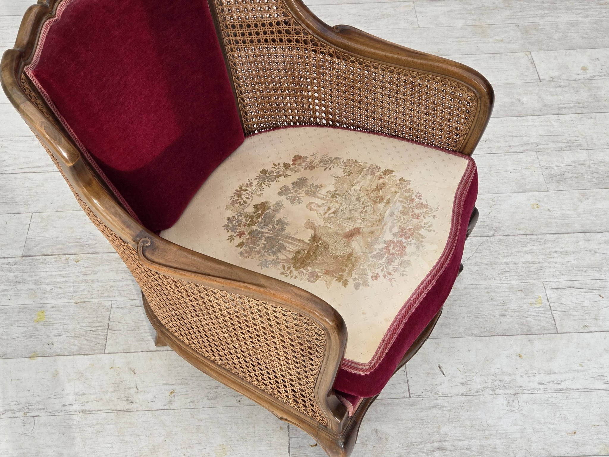 1950s, Danish armchair, furniture velour, ash wood,, mesh.