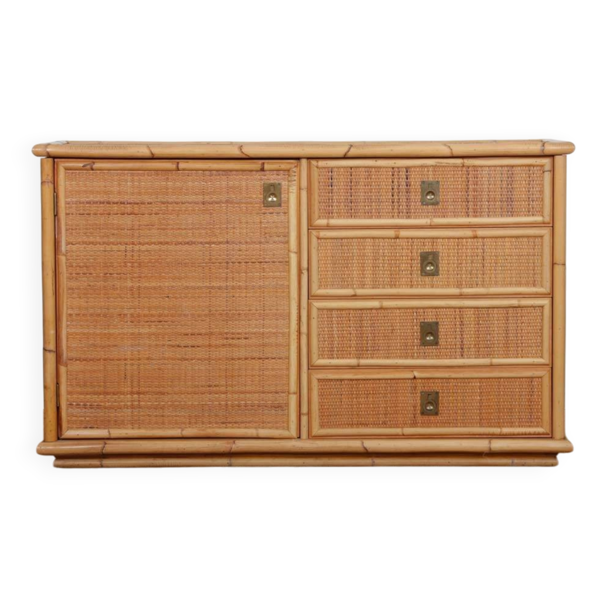 Vintage wicker, bamboo and brass chest of drawers by Dal Vera, 1970.