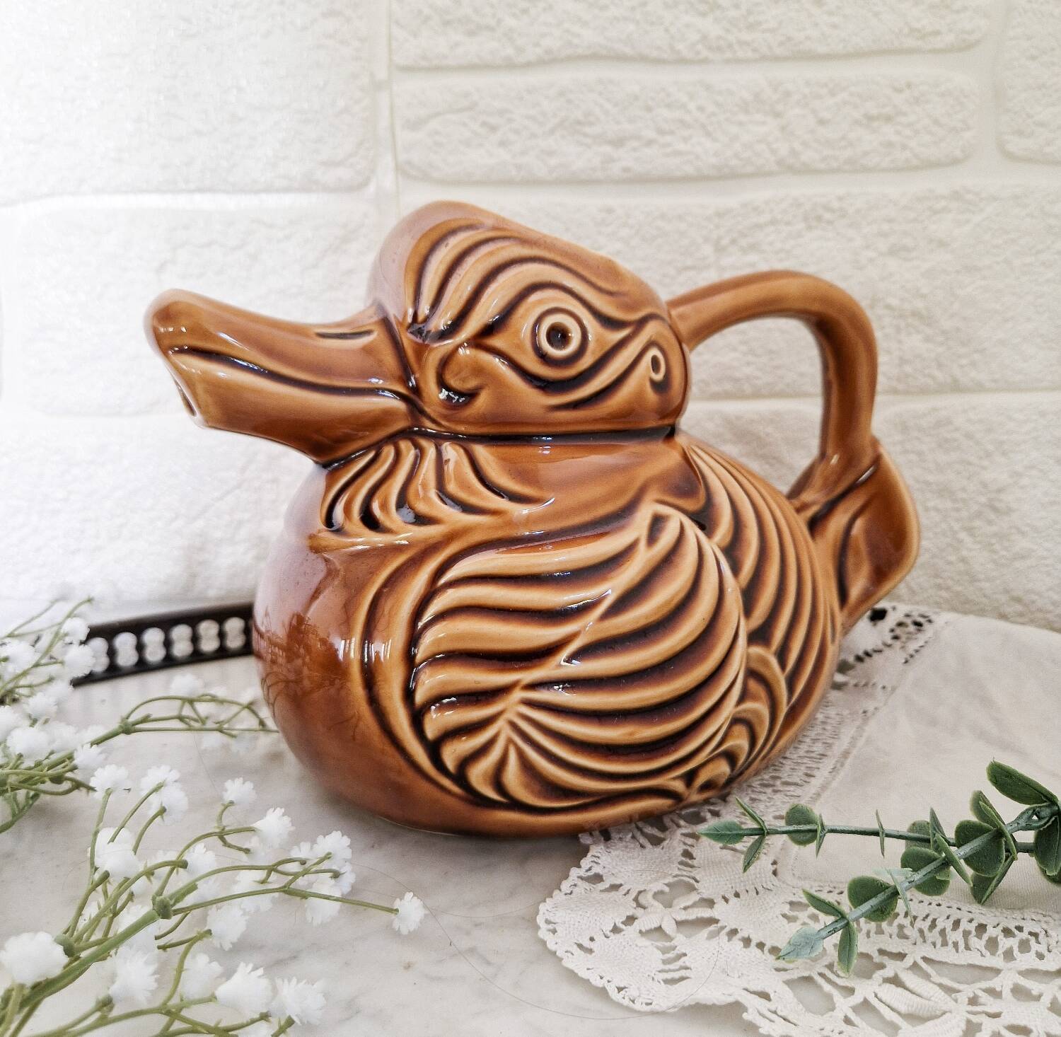 Vintage Sarreguemines slip duck pitcher