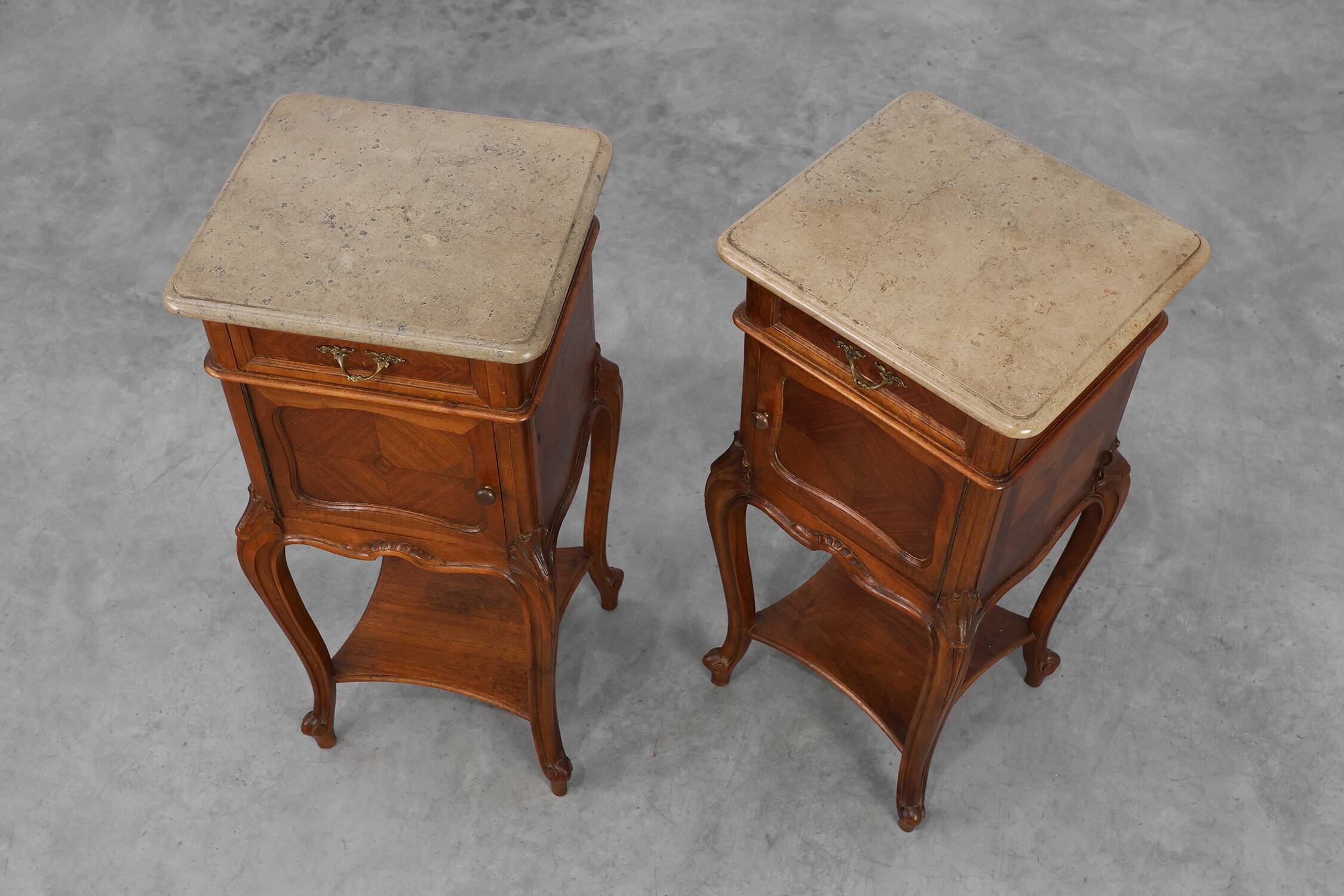Pair Louis XV‑Style Nightstands with Marble Tops, France ca. 1900
