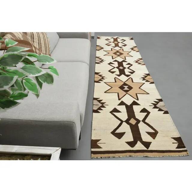 1970s Turkish Oushak Handmade Wool Cotton Beige Runner Rug 95x327