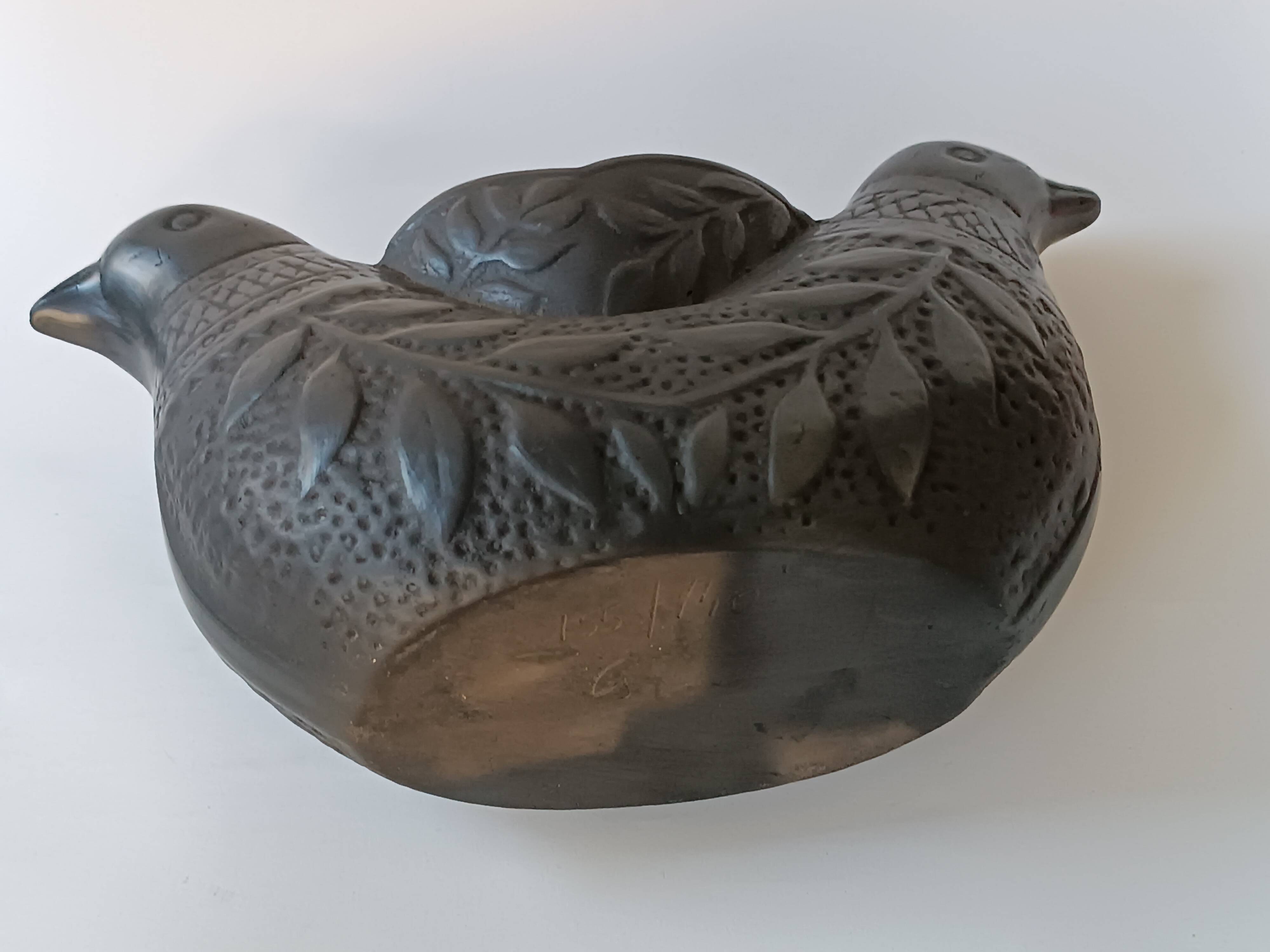 Zoomorphic vase with double birds in black clay from Marginea, Romania.