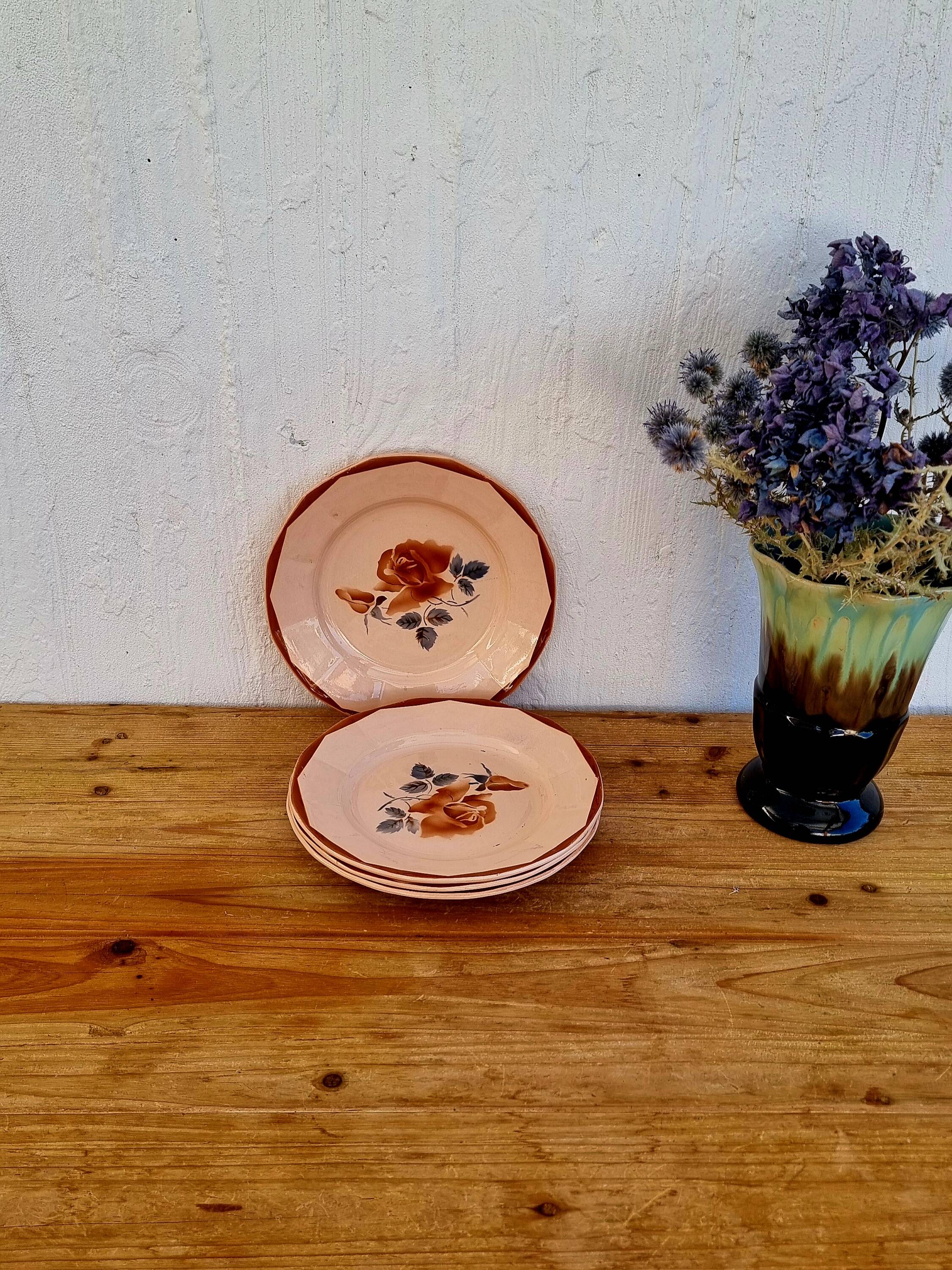 Set of 4 pink plates Digoin Sarreguemines