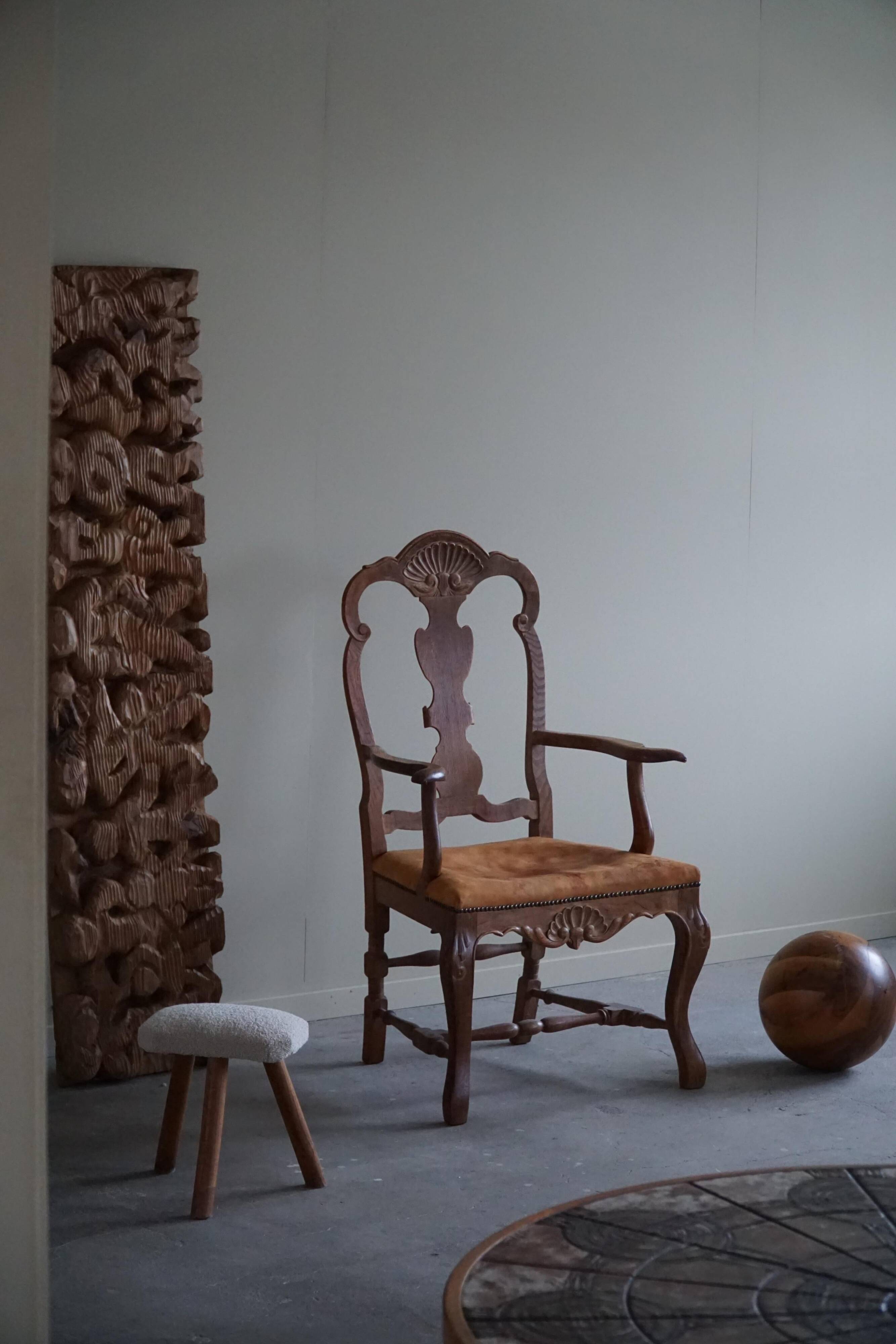 Vintage Sculptural Armchair in Oak and Leather, Danish Modern, 1940s
