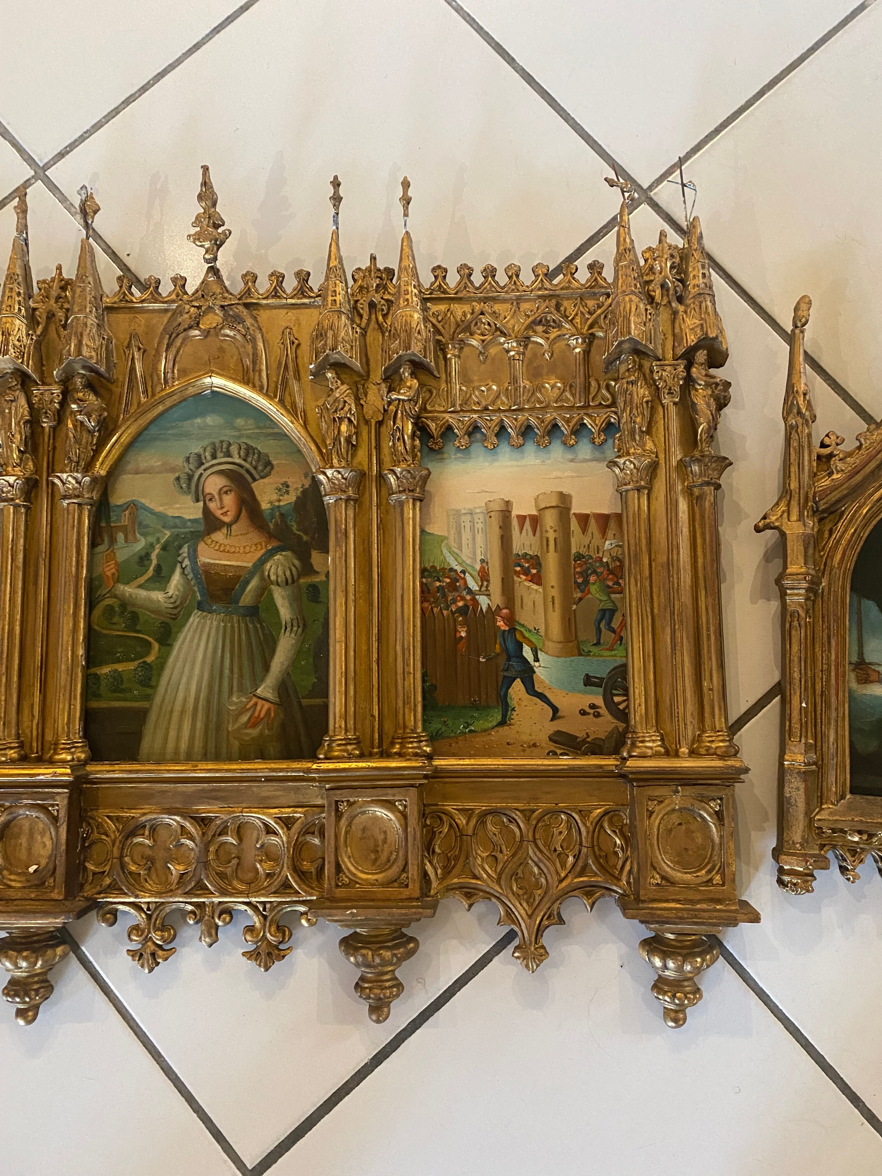 Neo-Gothic triptych in gilded wood