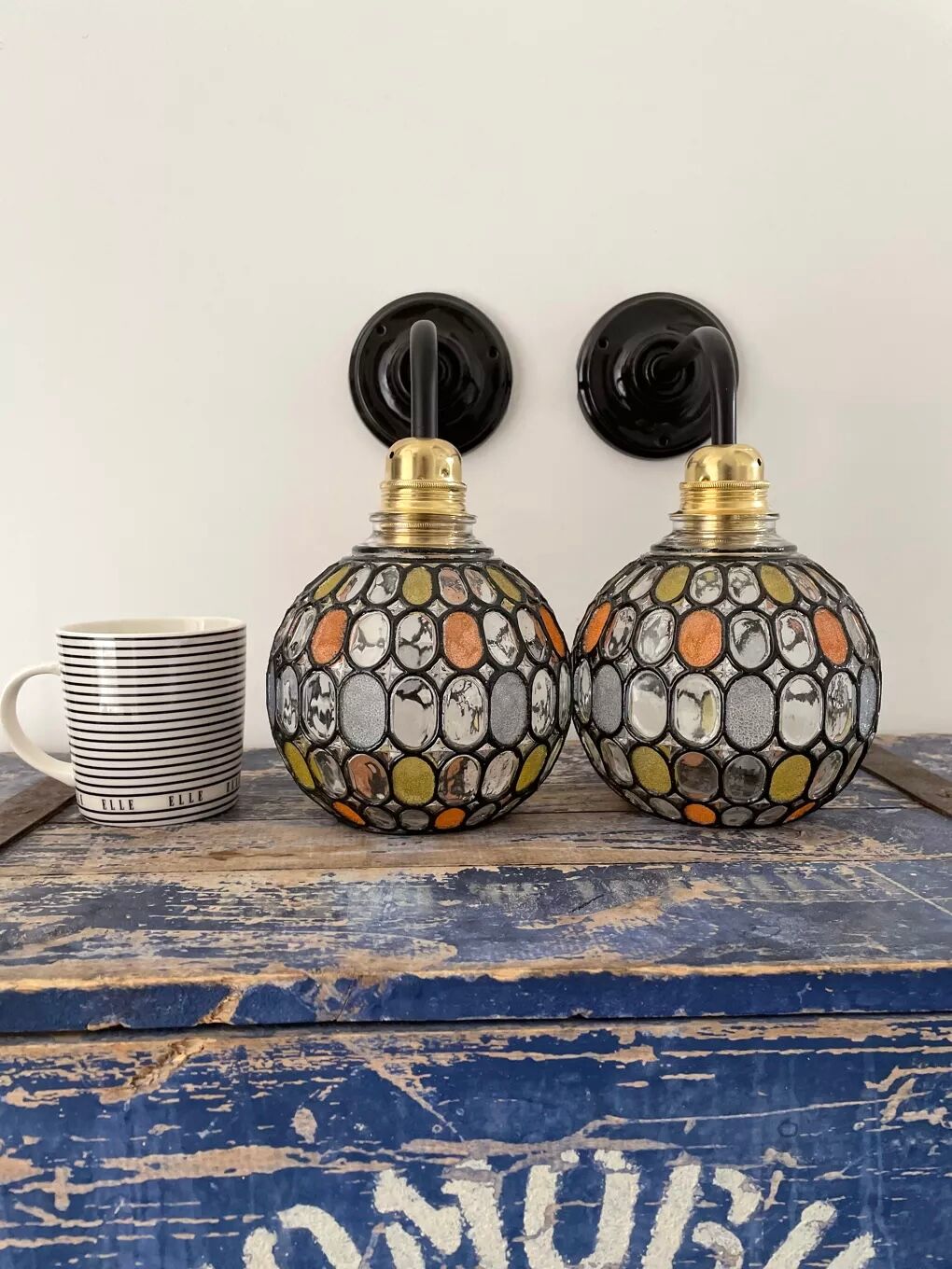 Pair of vintage faceted glass wall lamps