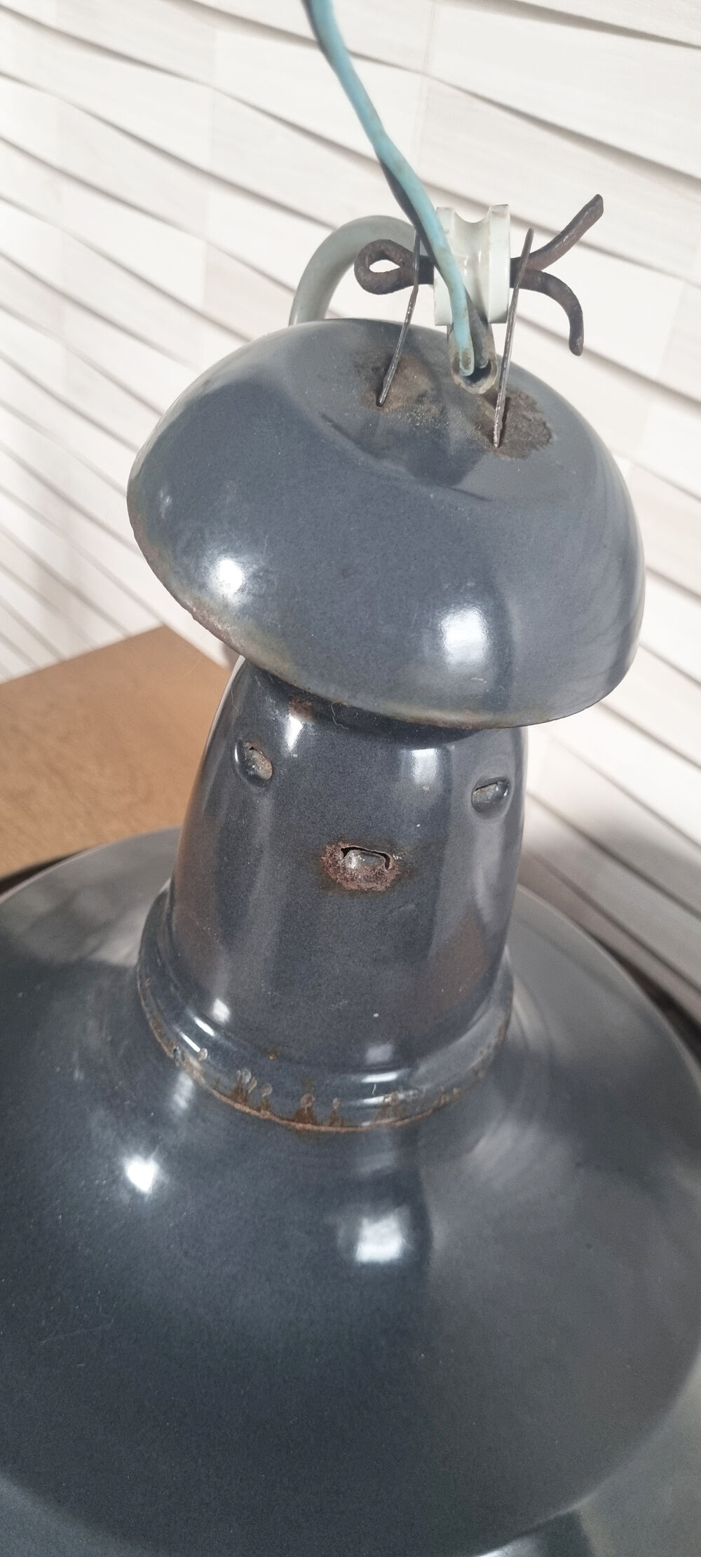 Industrial pendant lamp enamelled blue grey, vintage, 50s