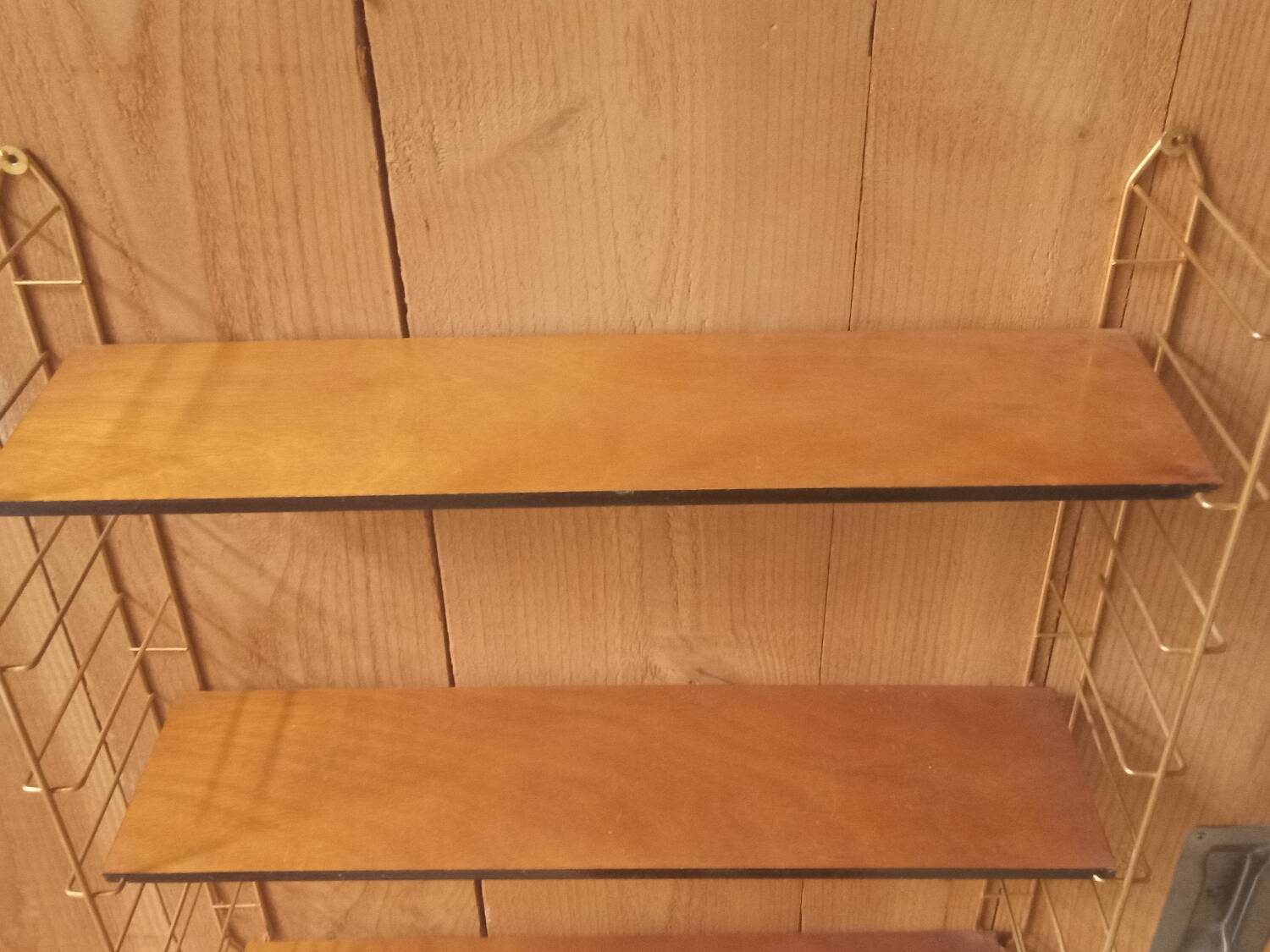 Vintage tomado string shelf, wooden trays