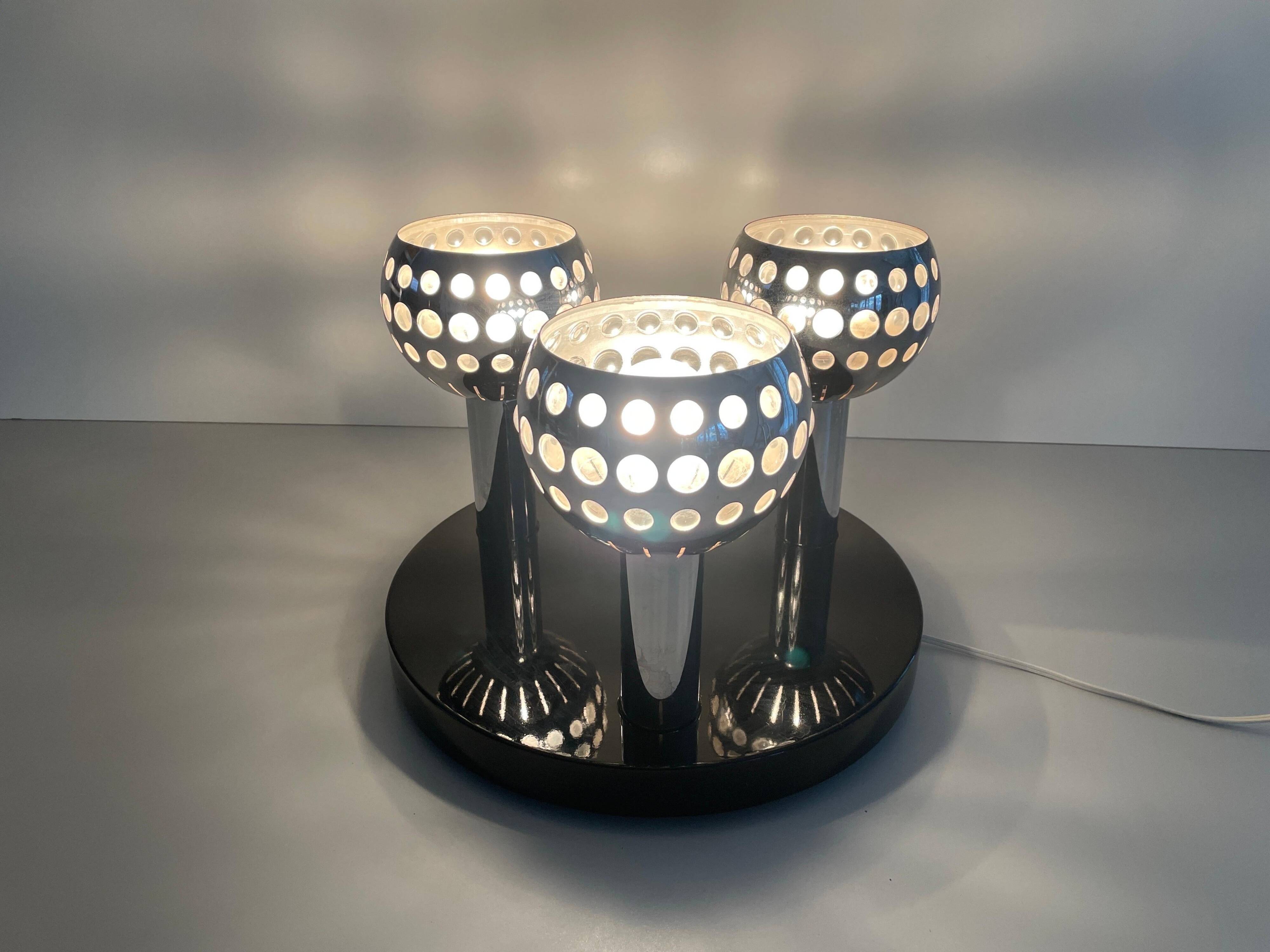 Mid-century ceiling light with 3 shades and wooden base, 1960s, Italy.